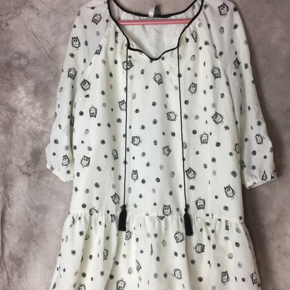 Kensie Owl Print Mini Dress With Tassels Large